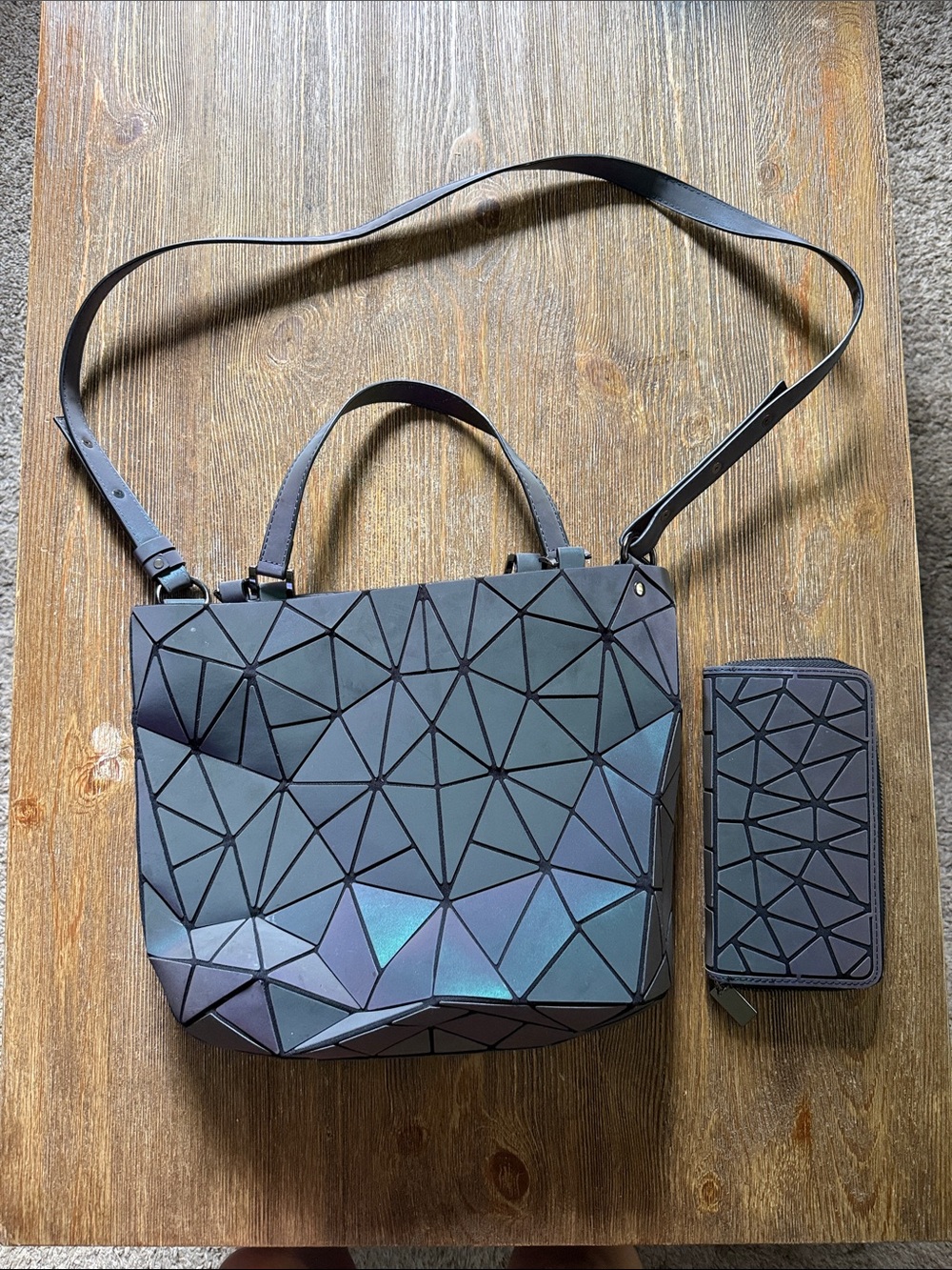 Iridescent Geometric Crossbody Tote Bag with Matching Wallet - Black